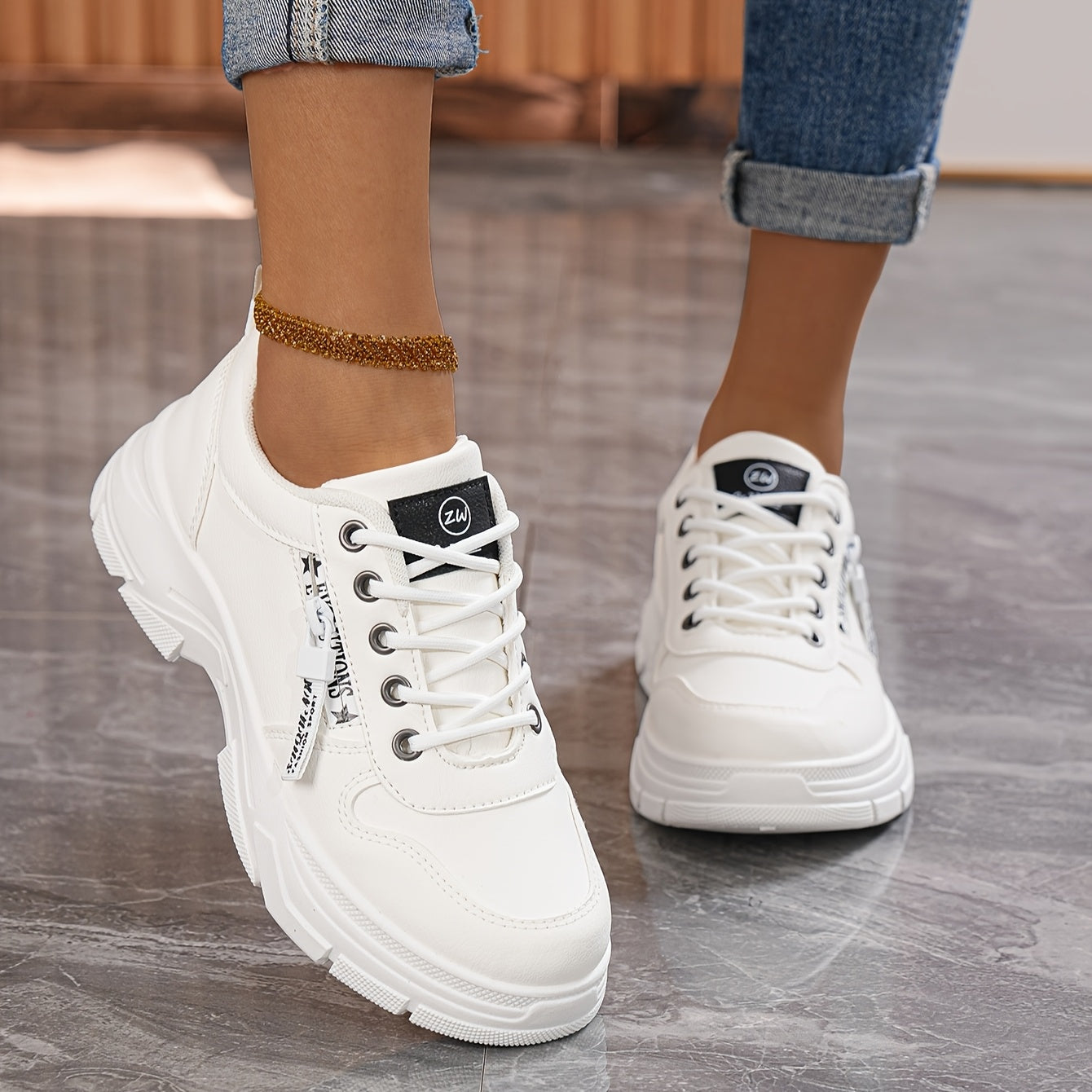 Women's White Casual Sneakers - Comfortable Low-Top Lace-Up Running Shoes, Versatile All-Season Design with Cushioned EVA Insole and Durable PVC Sole, Cute Shoes