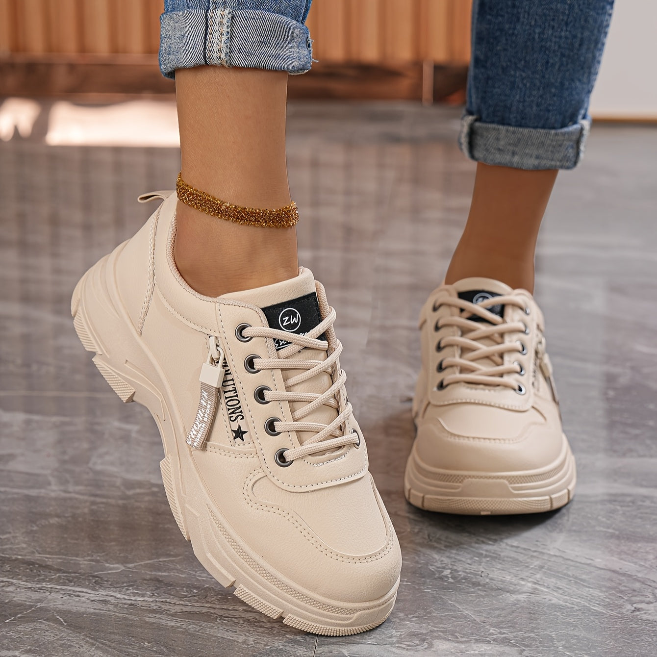 Women's White Casual Sneakers - Comfortable Low-Top Lace-Up Running Shoes, Versatile All-Season Design with Cushioned EVA Insole and Durable PVC Sole, Cute Shoes