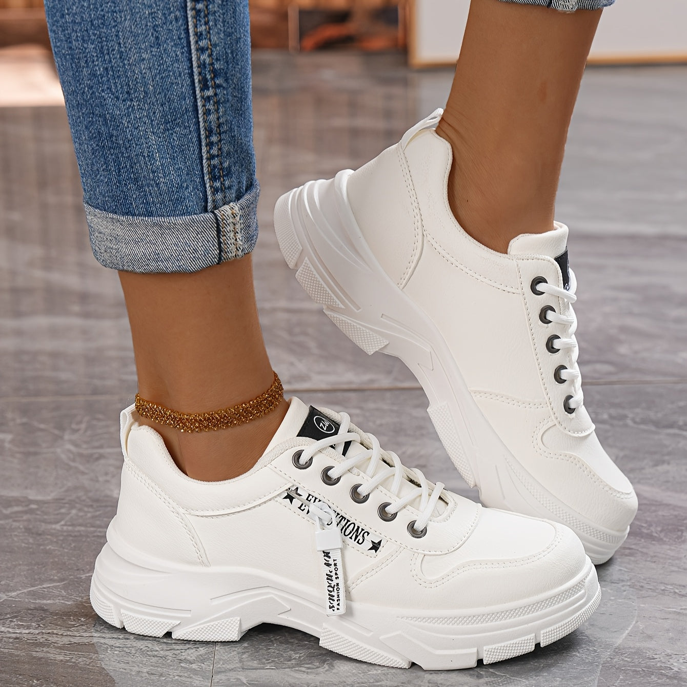 Women's White Casual Sneakers - Comfortable Low-Top Lace-Up Running Shoes, Versatile All-Season Design with Cushioned EVA Insole and Durable PVC Sole, Cute Shoes