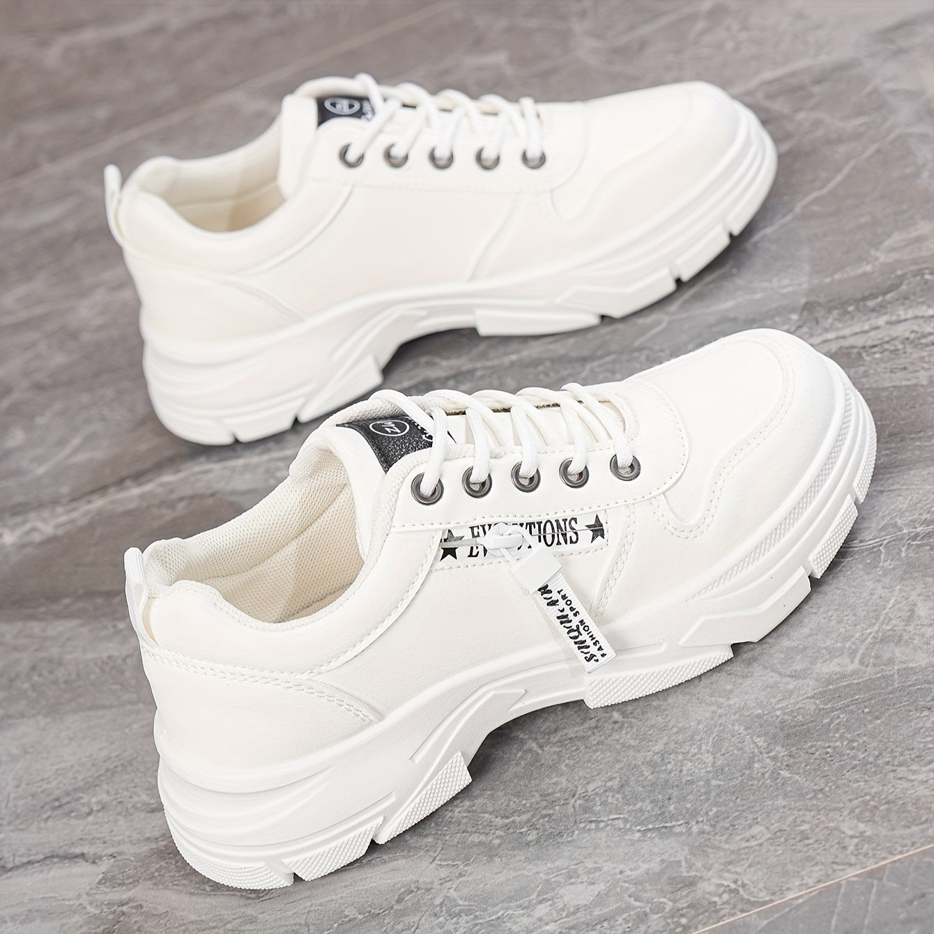 Women's White Casual Sneakers - Comfortable Low-Top Lace-Up Running Shoes, Versatile All-Season Design with Cushioned EVA Insole and Durable PVC Sole, Cute Shoes