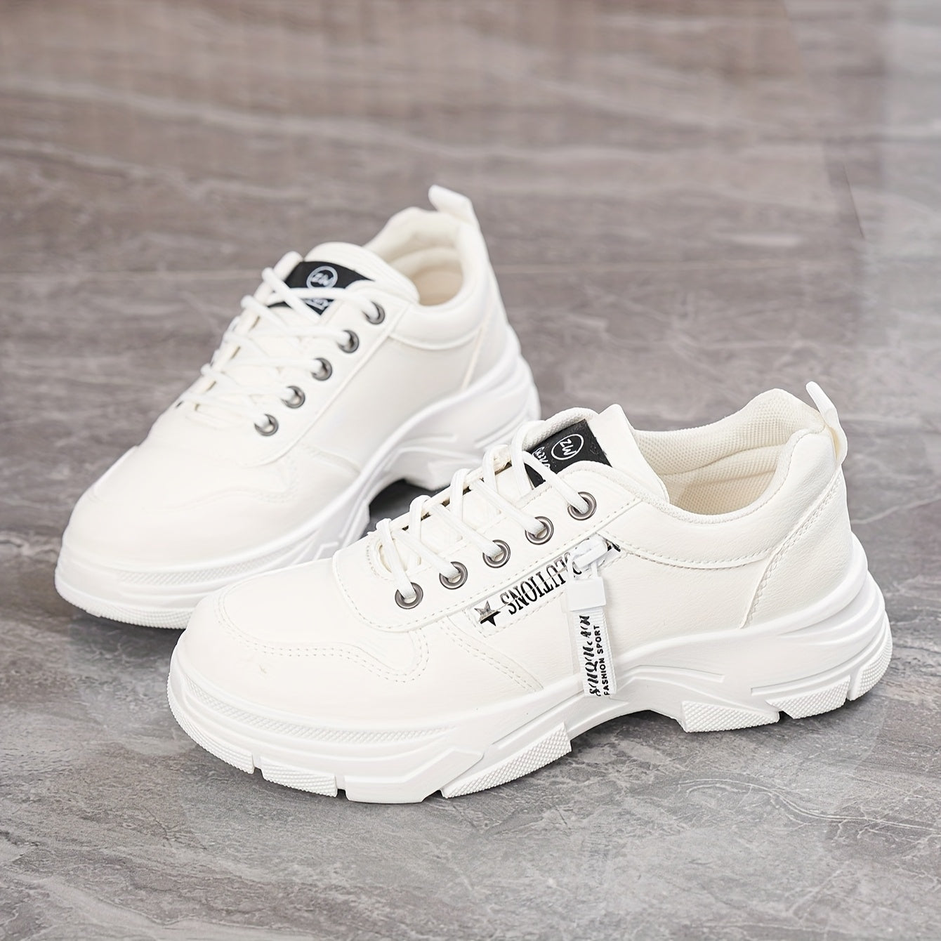 Women's White Casual Sneakers - Comfortable Low-Top Lace-Up Running Shoes, Versatile All-Season Design with Cushioned EVA Insole and Durable PVC Sole, Cute Shoes